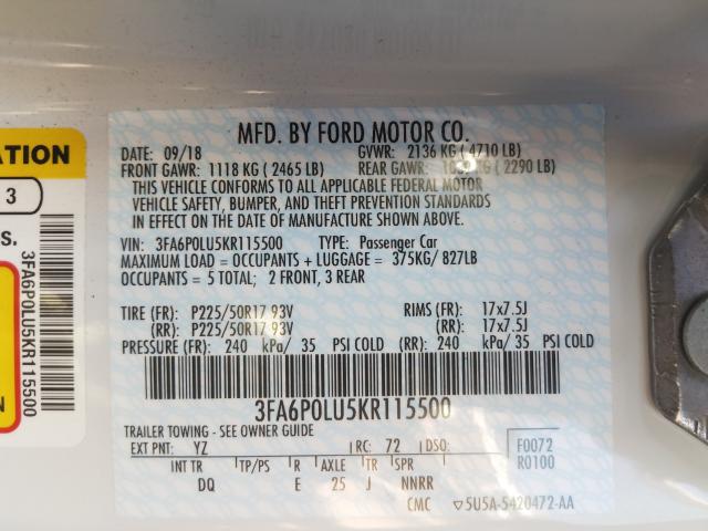 Photo 9 VIN: 3FA6P0LU5KR115500 - FORD FUSION SE 