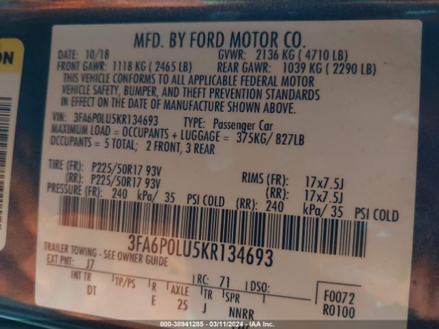 Photo 8 VIN: 3FA6P0LU5KR134693 - FORD FUSION HYBRID 