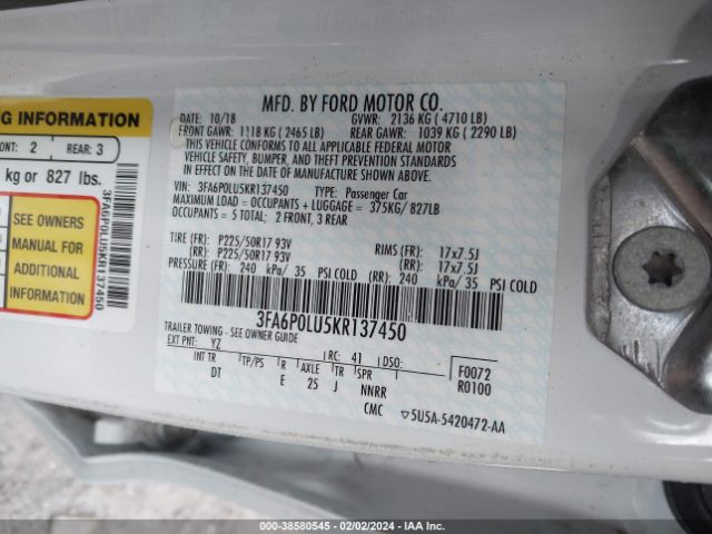 Photo 8 VIN: 3FA6P0LU5KR137450 - FORD FUSION HYBRID 