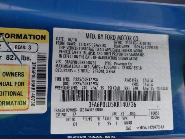 Photo 8 VIN: 3FA6P0LU5KR140736 - FORD FUSION HYBRID 