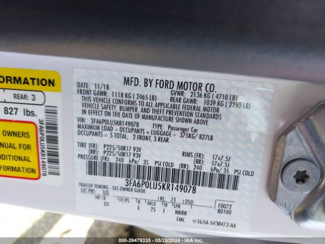 Photo 8 VIN: 3FA6P0LU5KR149078 - FORD FUSION HYBRID 