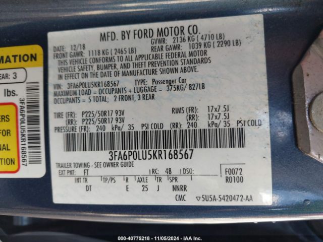 Photo 8 VIN: 3FA6P0LU5KR168567 - FORD FUSION 