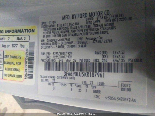 Photo 8 VIN: 3FA6P0LU5KR187961 - FORD FUSION HYBRID 