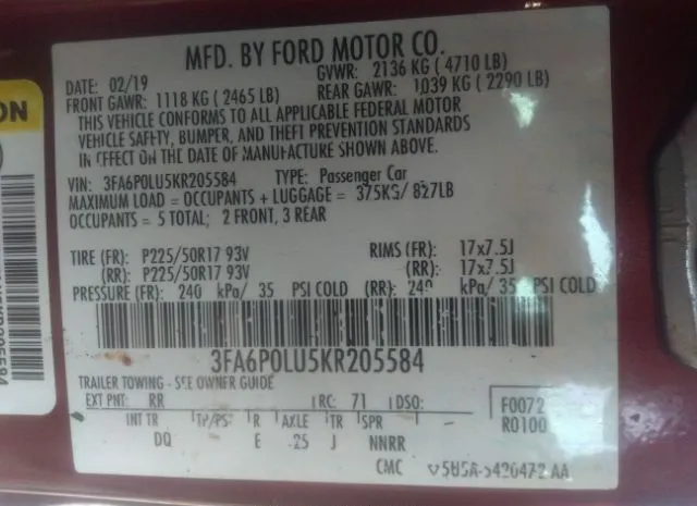 Photo 8 VIN: 3FA6P0LU5KR205584 - FORD FUSION HYBRID 