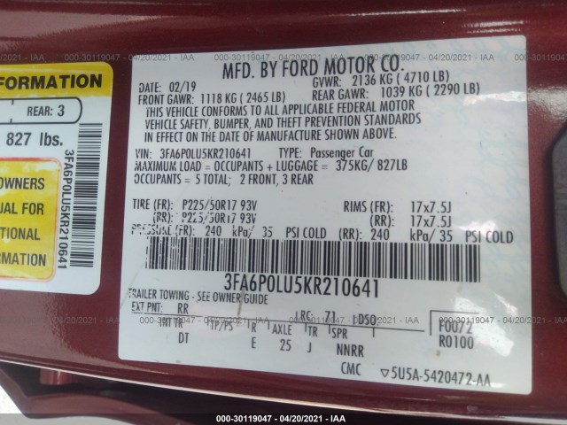 Photo 8 VIN: 3FA6P0LU5KR210641 - FORD FUSION HYBRID 