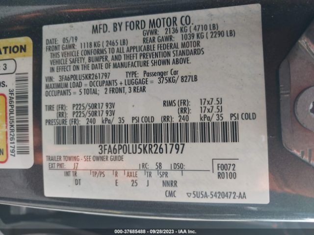 Photo 8 VIN: 3FA6P0LU5KR261797 - FORD FUSION HYBRID 