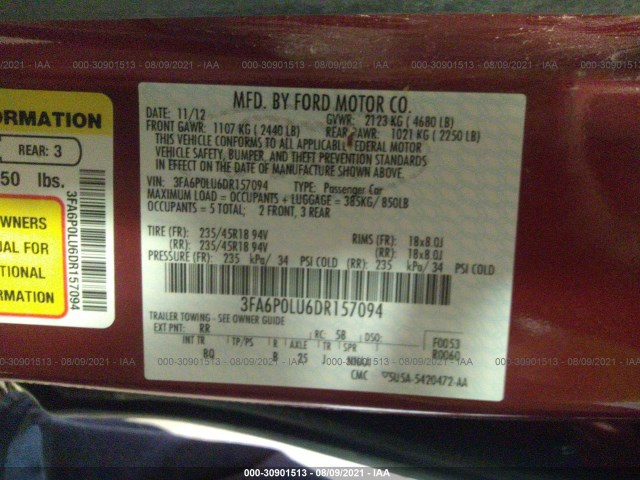 Photo 8 VIN: 3FA6P0LU6DR157094 - FORD FUSION 