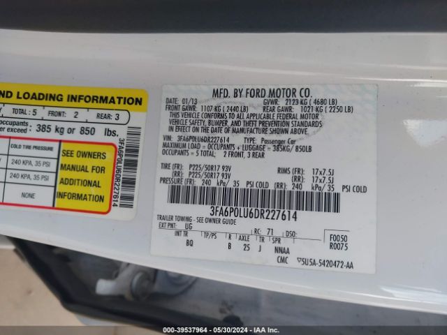 Photo 8 VIN: 3FA6P0LU6DR227614 - FORD FUSION 