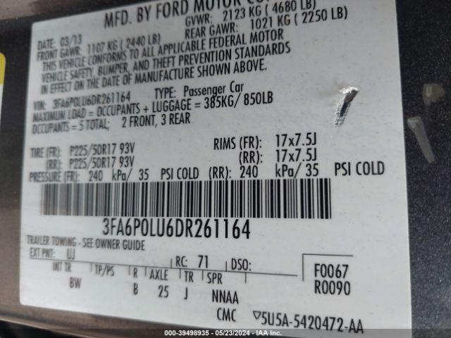 Photo 8 VIN: 3FA6P0LU6DR261164 - FORD FUSION HYBRID 