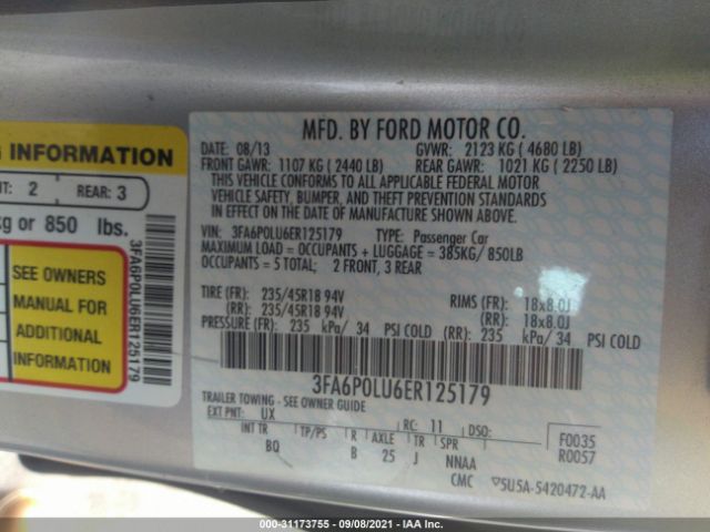 Photo 8 VIN: 3FA6P0LU6ER125179 - FORD FUSION 