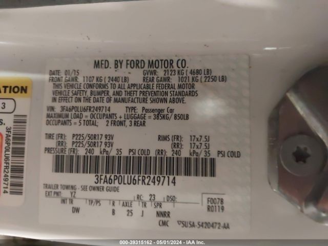 Photo 8 VIN: 3FA6P0LU6FR249714 - FORD FUSION HYBRID 