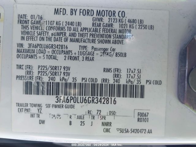 Photo 8 VIN: 3FA6P0LU6GR342816 - FORD FUSION 