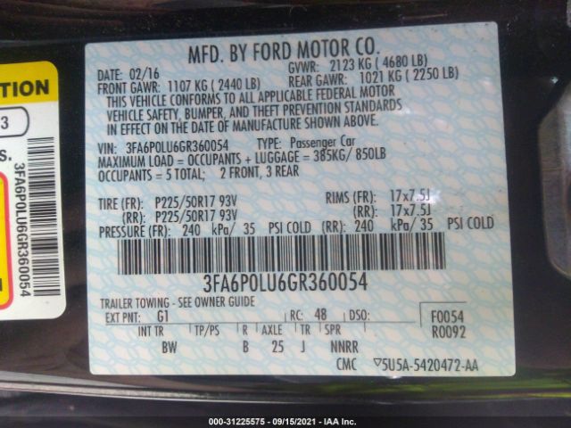 Photo 8 VIN: 3FA6P0LU6GR360054 - FORD FUSION 