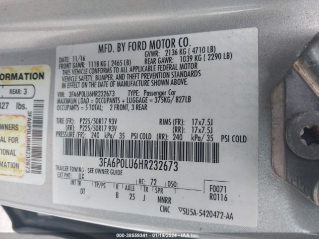 Photo 8 VIN: 3FA6P0LU6HR232673 - FORD FUSION HYBRID 