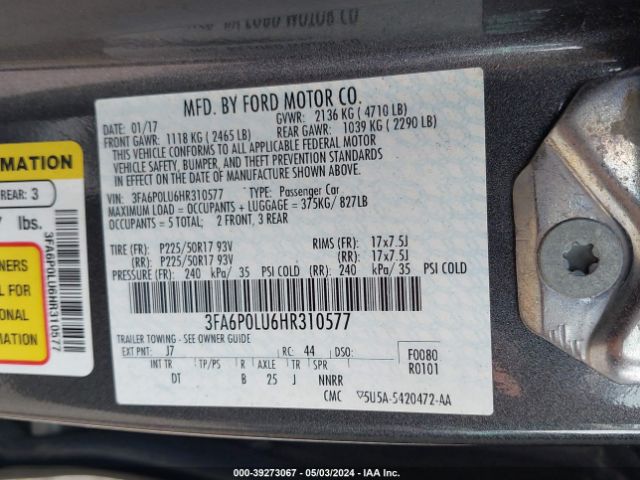 Photo 8 VIN: 3FA6P0LU6HR310577 - FORD FUSION HYBRID 