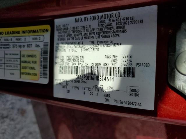 Photo 11 VIN: 3FA6P0LU6HR314614 - FORD FUSION SE 