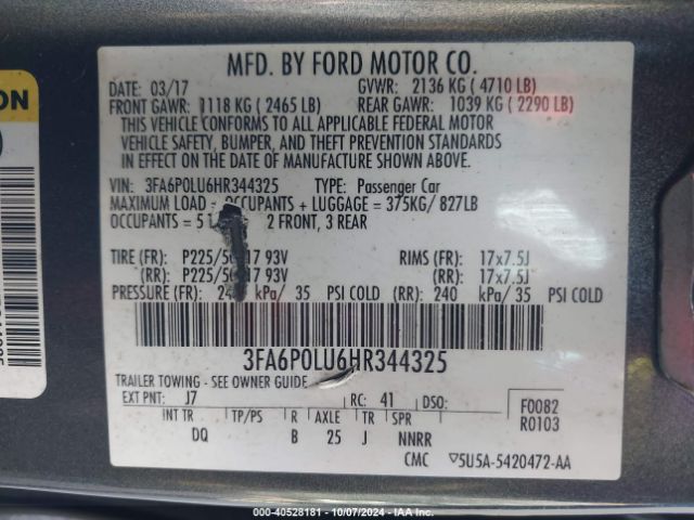 Photo 8 VIN: 3FA6P0LU6HR344325 - FORD FUSION 