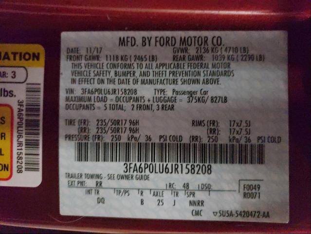 Photo 9 VIN: 3FA6P0LU6JR158208 - FORD FUSION SE 