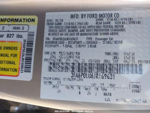 Photo 8 VIN: 3FA6P0LU6JR169631 - FORD FUSION HYBRID 