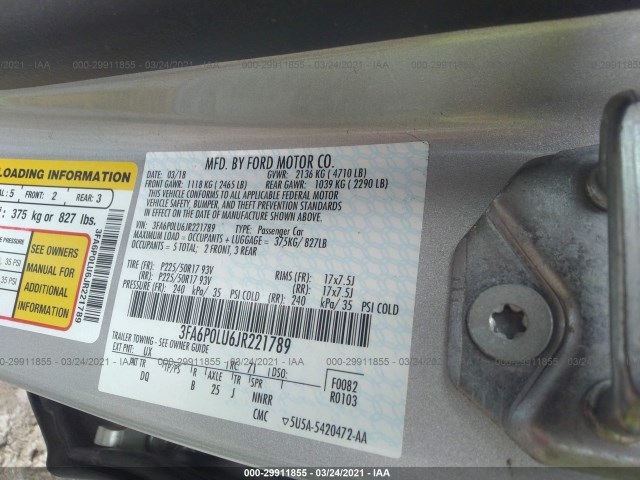 Photo 8 VIN: 3FA6P0LU6JR221789 - FORD FUSION HYBRID 