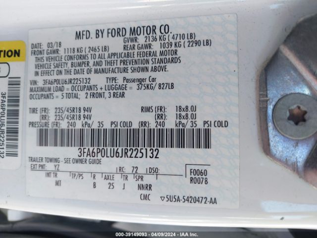 Photo 8 VIN: 3FA6P0LU6JR225132 - FORD FUSION 