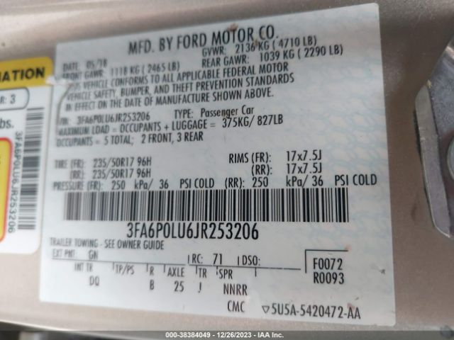 Photo 8 VIN: 3FA6P0LU6JR253206 - FORD FUSION HYBRID 