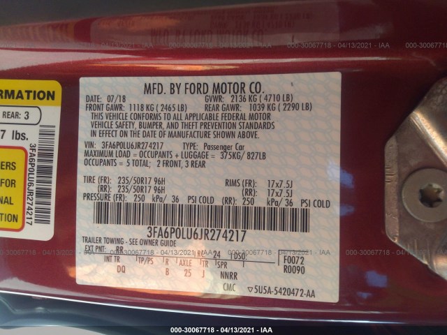 Photo 8 VIN: 3FA6P0LU6JR274217 - FORD FUSION HYBRID 