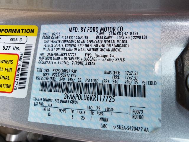 Photo 9 VIN: 3FA6P0LU6KR117725 - FORD FUSION SE 