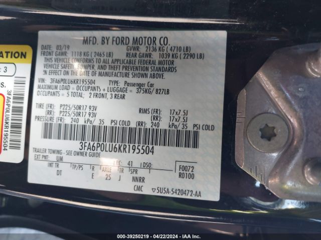 Photo 8 VIN: 3FA6P0LU6KR195504 - FORD FUSION HYBRID 