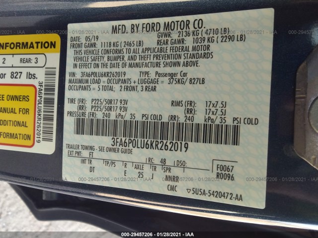 Photo 8 VIN: 3FA6P0LU6KR262019 - FORD FUSION HYBRID 