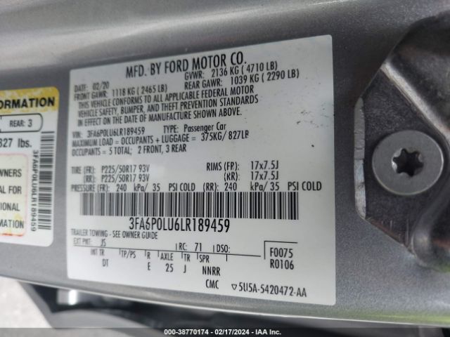 Photo 8 VIN: 3FA6P0LU6LR189459 - FORD FUSION 