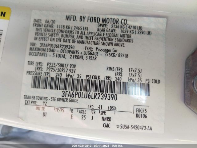 Photo 8 VIN: 3FA6P0LU6LR239390 - FORD FUSION 