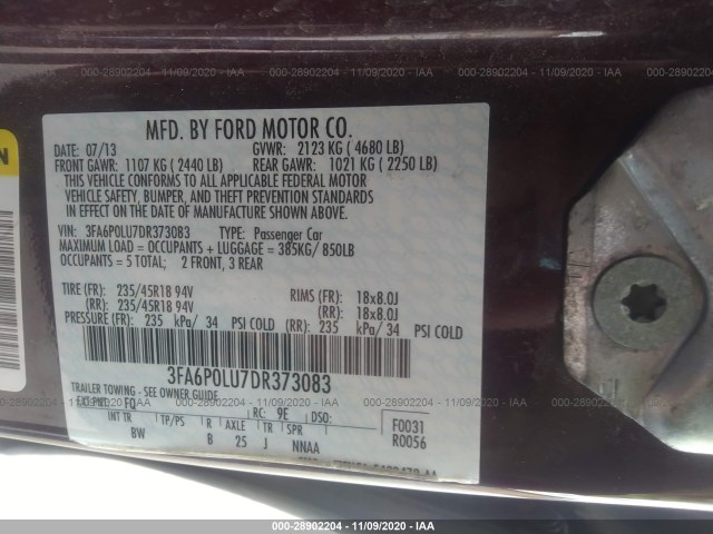 Photo 8 VIN: 3FA6P0LU7DR373083 - FORD FUSION 