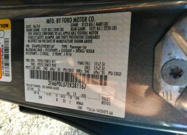 Photo 8 VIN: 3FA6P0LU7ER381167 - FORD FUSION 