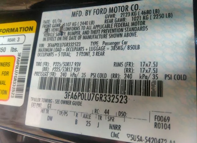 Photo 8 VIN: 3FA6P0LU7GR332523 - FORD FUSION 