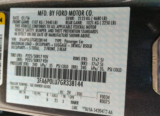 Photo 8 VIN: 3FA6P0LU7GR338144 - FORD FUSION 