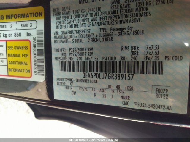 Photo 8 VIN: 3FA6P0LU7GR389157 - FORD FUSION 