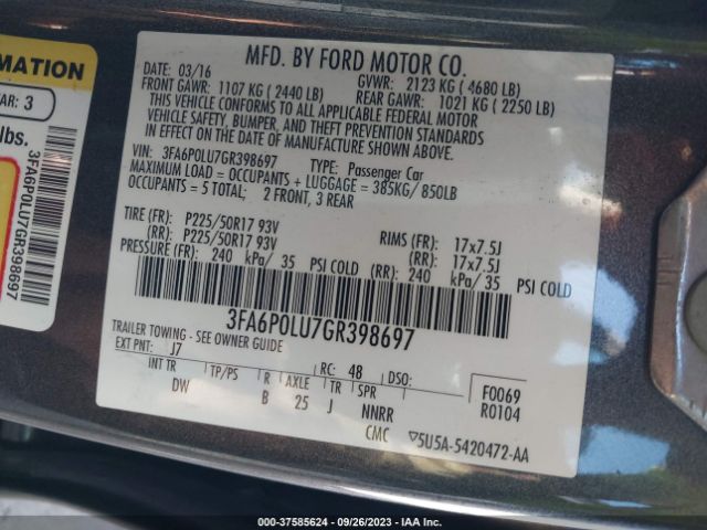 Photo 8 VIN: 3FA6P0LU7GR398697 - FORD FUSION HYBRID 