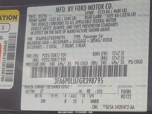 Photo 8 VIN: 3FA6P0LU7GR398795 - FORD FUSION 