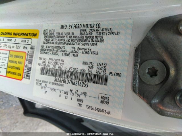 Photo 8 VIN: 3FA6P0LU7HR216255 - FORD FUSION 