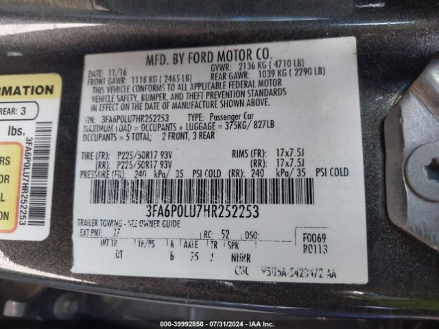 Photo 8 VIN: 3FA6P0LU7HR252253 - FORD FUSION 