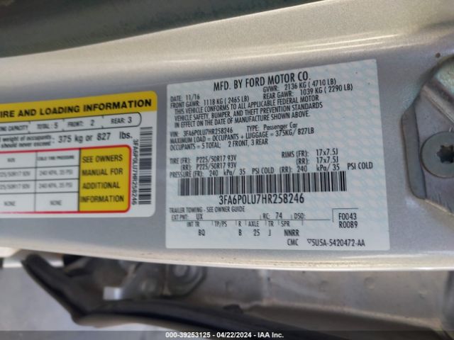 Photo 8 VIN: 3FA6P0LU7HR258246 - FORD FUSION HYBRID 