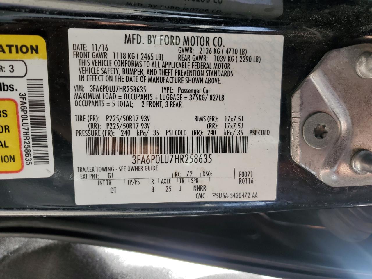 Photo 11 VIN: 3FA6P0LU7HR258635 - FORD FUSION 