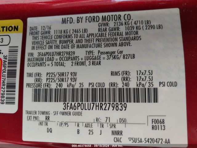 Photo 8 VIN: 3FA6P0LU7HR279839 - FORD FUSION 