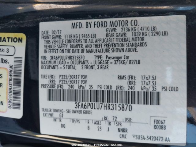 Photo 8 VIN: 3FA6P0LU7HR315870 - FORD FUSION HYBRID 