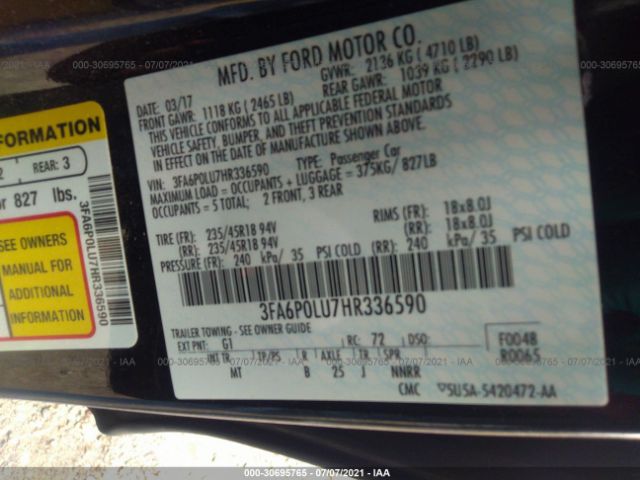 Photo 8 VIN: 3FA6P0LU7HR336590 - FORD FUSION 