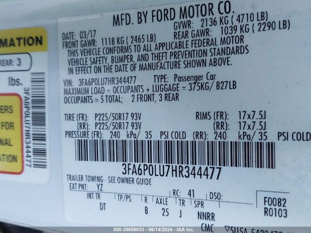 Photo 8 VIN: 3FA6P0LU7HR344477 - FORD FUSION 