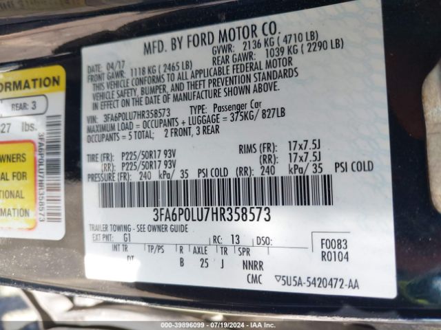 Photo 8 VIN: 3FA6P0LU7HR358573 - FORD FUSION 