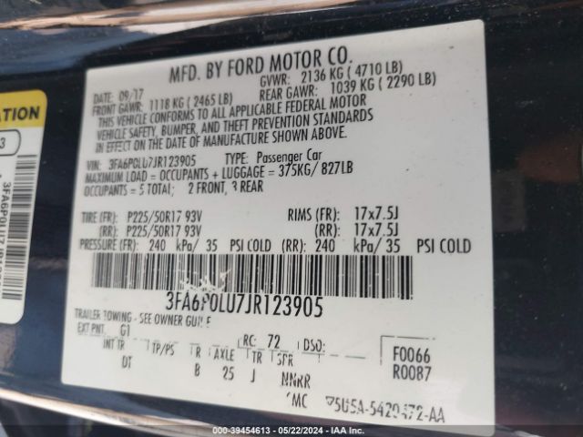 Photo 8 VIN: 3FA6P0LU7JR123905 - FORD FUSION HYBRID 