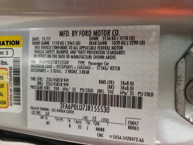 Photo 9 VIN: 3FA6P0LU7JR155530 - FORD FUSION SE 